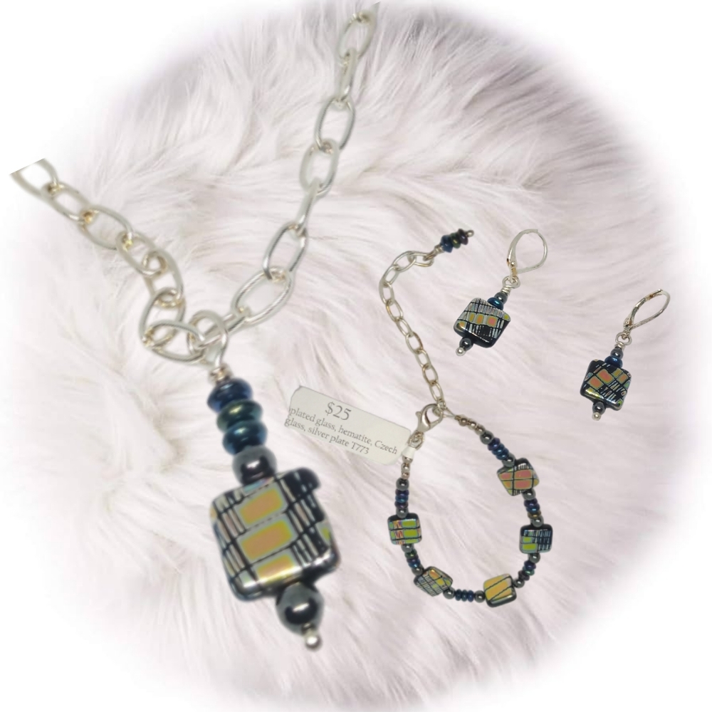 Plated Glass, Hematite, Czech Glass, Silver Plate Necklace, Bracelet, & Earrings